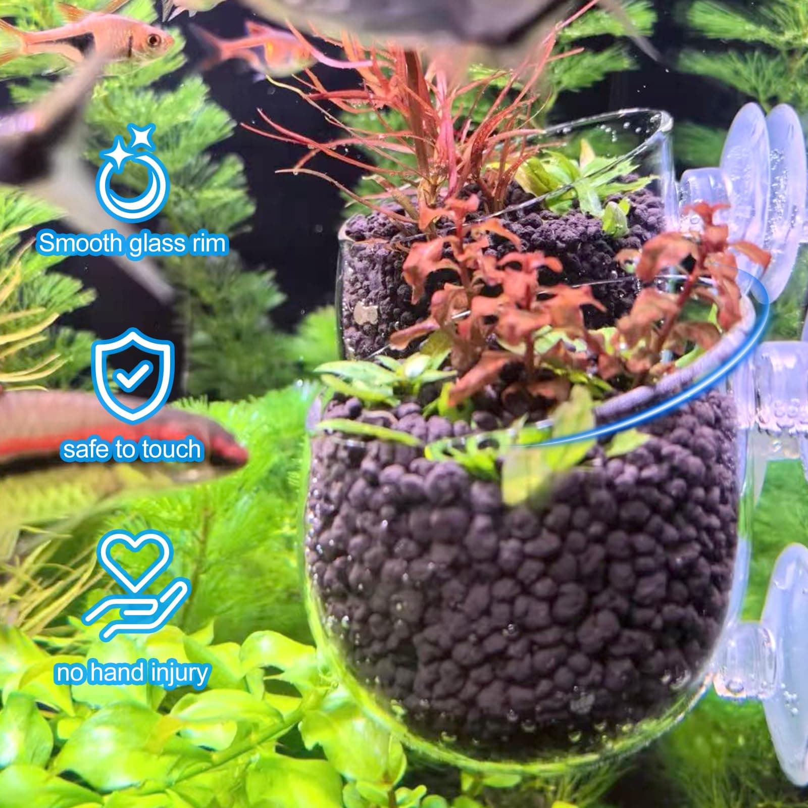 Glass Aquarium Plant Pot For Decoration, Aquatic Plant Pot Cup With Suction Cup, Betta Resting Bed Spot, Aquarium Planter Landscaping Decor Cup With Colorful And Clear Stones