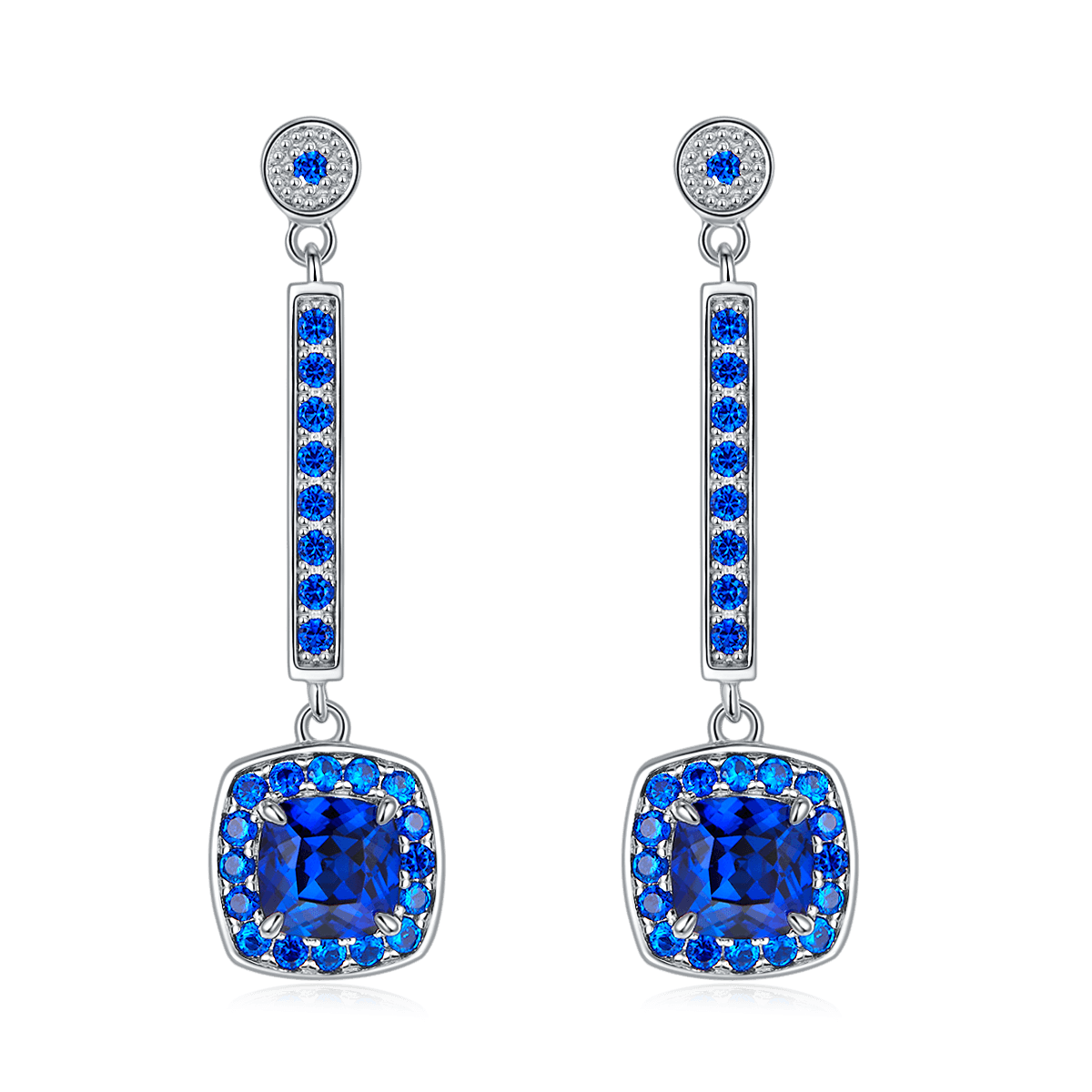 S925 Silver 4.5g Lab-Created Sapphire Drop Earrings, 2ct 6x6mm Cushion, Pair