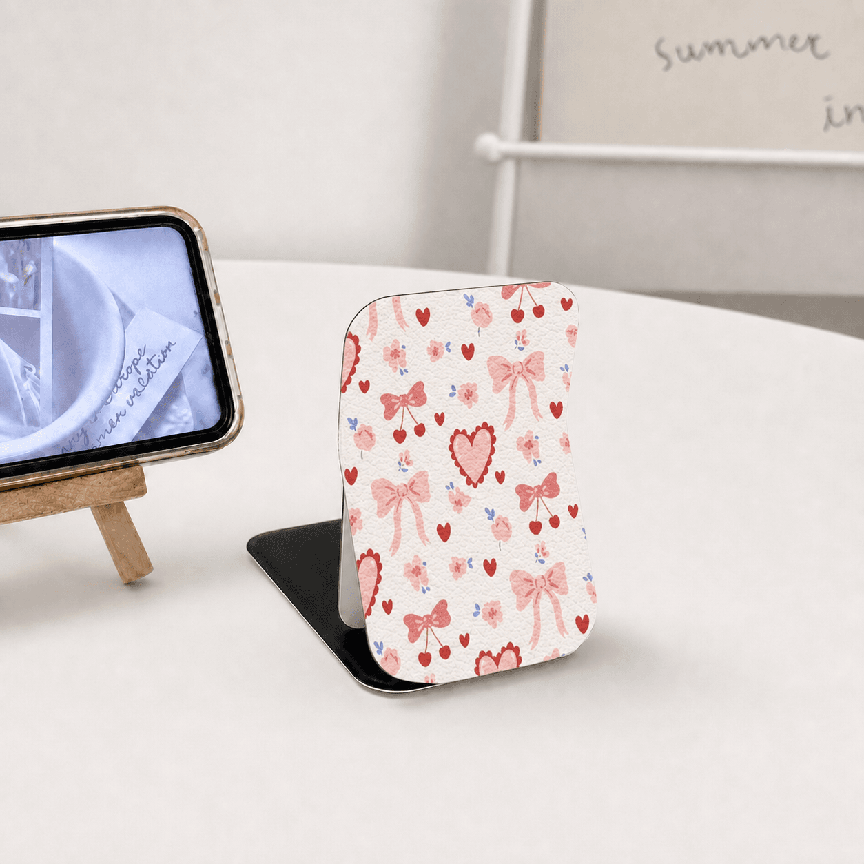 Cute Grid Heart Print Folding Compact Mirror, PU Leather Standable Pocket Makeup Mirror, Portable Travel Cosmetic Mirror For Girls Gift Wholesale Custom
