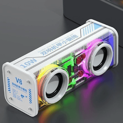 Transparent Ambient Light, Great Sound Quality, V8 Desktop Bluetooth Speaker, Heavy Bass, Long Battery Life, Portable Colorful Small Speaker - White