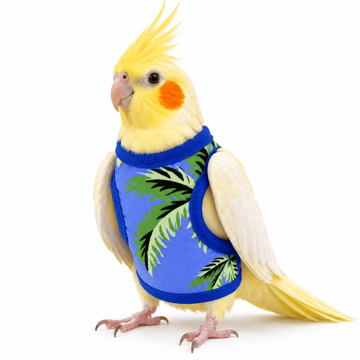 Blue Palm Print Bird Flight Harness Vest Soft Breathable Parrot Outdoor Training Leash With Reinforced D Ring Adjustable Hook And Loop For Cockatiel Conure Lovebird