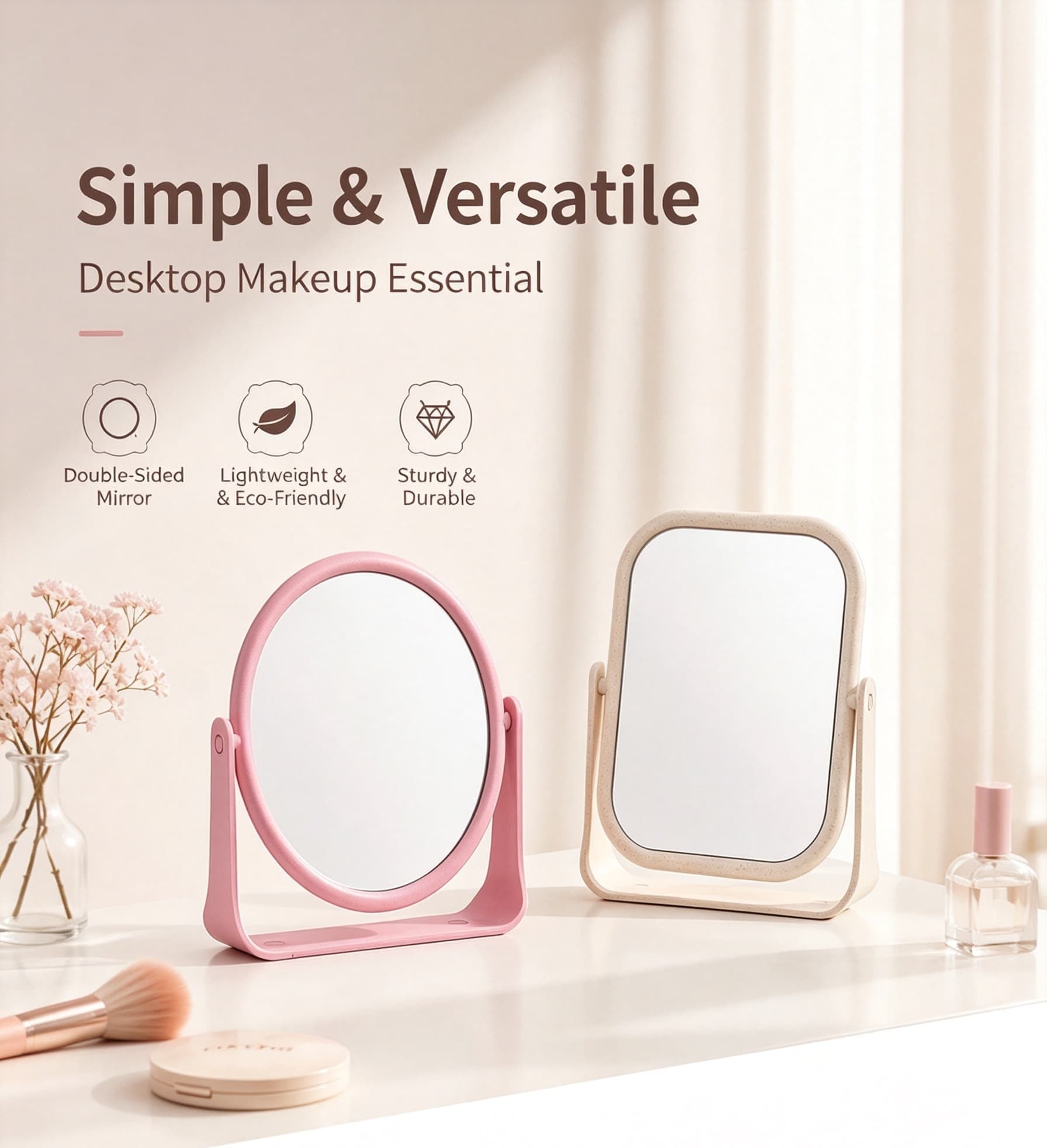 Double Sided HD Makeup Mirror 360 Degrees Rotatable Freestanding Desktop Cosmetic Mirror Portable Table Vanity Mirror For Dorm Bedroom Office