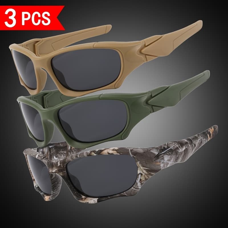 3 Pcs Wraparound Sports Sunglasses, Dark Tint Lens Eyewear, Rugged Sturdy Frame Suitable For Hunting, Fishing, Outdoor Hiking And Daily Outdoor Activities.