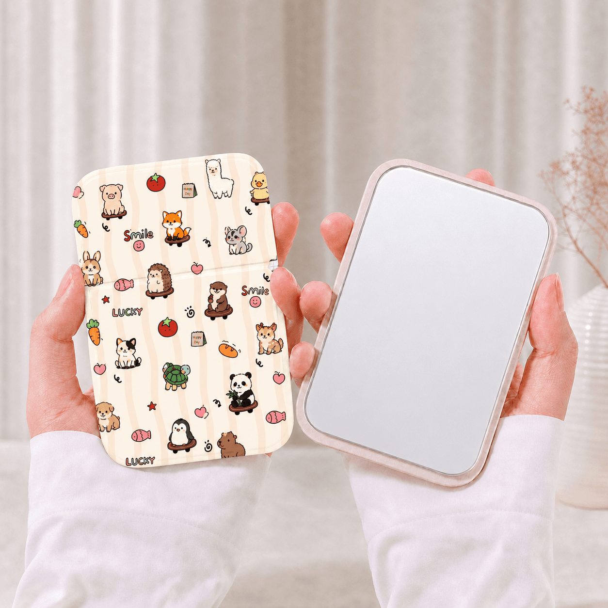 Cute Cartoon Animal Print Folding Compact Mirror, PU Leather Standable Pocket Makeup Mirror, Portable Travel Cosmetic Mirror For Kids Girls Gift Wholesale Custom