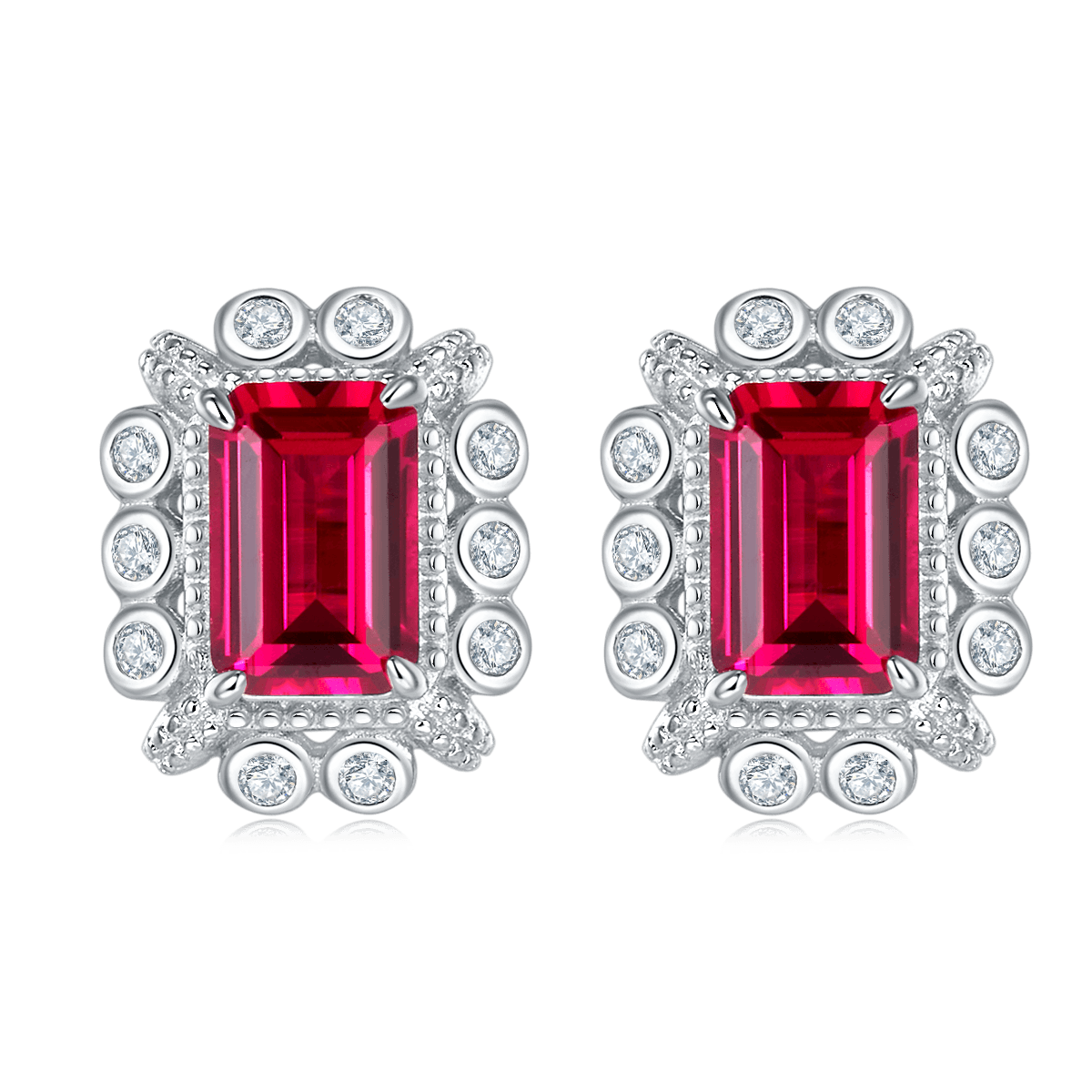 S925 Silver 2.2g Platinum Plated 1.6ct Lab-Created Ruby Stud Earrings, 6x4mm Emerald Cut, Pair