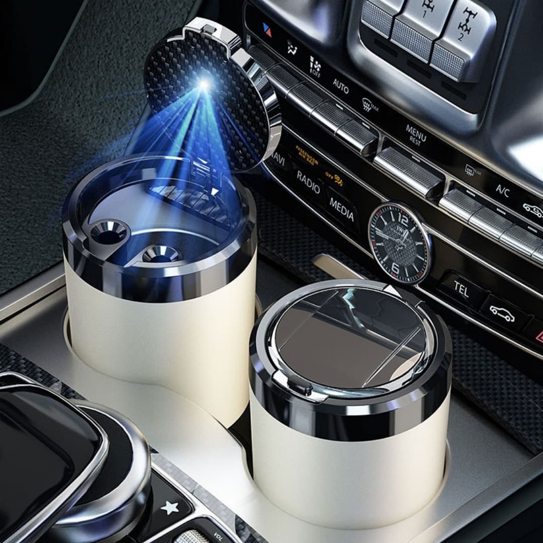 Car Ashtray, Ceramic Liner, Fireproof, Auto-open Lid, LED, Detachable