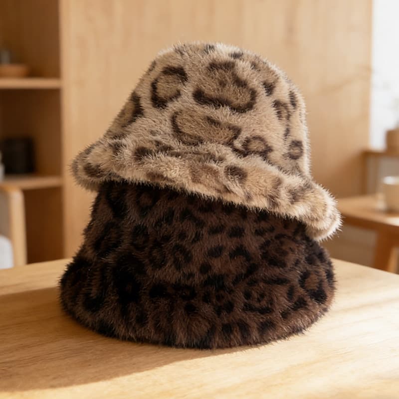 Winter And Autumn Melamine Color Leopard Print Plush Round-brimmed Fishing Hat, Soft And Fluffy Wide Brimmed, Warm And Protective Against The Cold