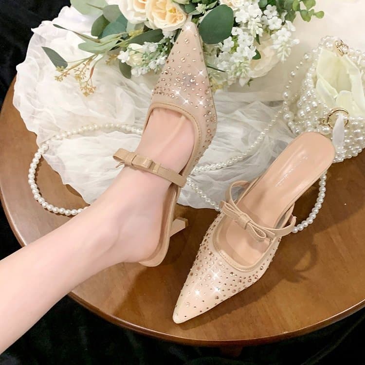 Women Pointed Toe Rhinestone Mules Kitten Heel Bow Slip On Sandals