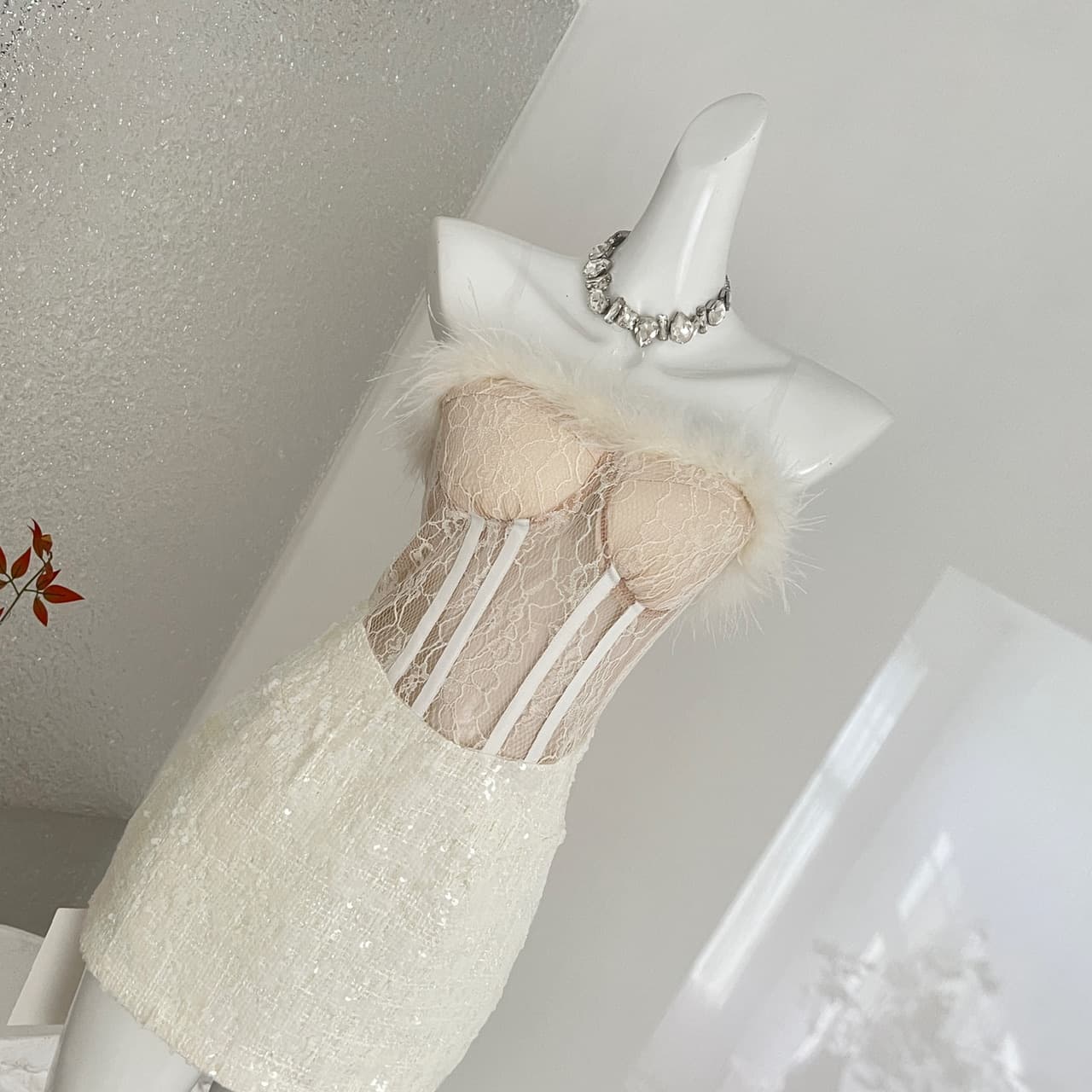 Women's French Strapless Bodycon Dress Lace Fur Trim Splicing Mini Dress For Birthday Dinner Club Night