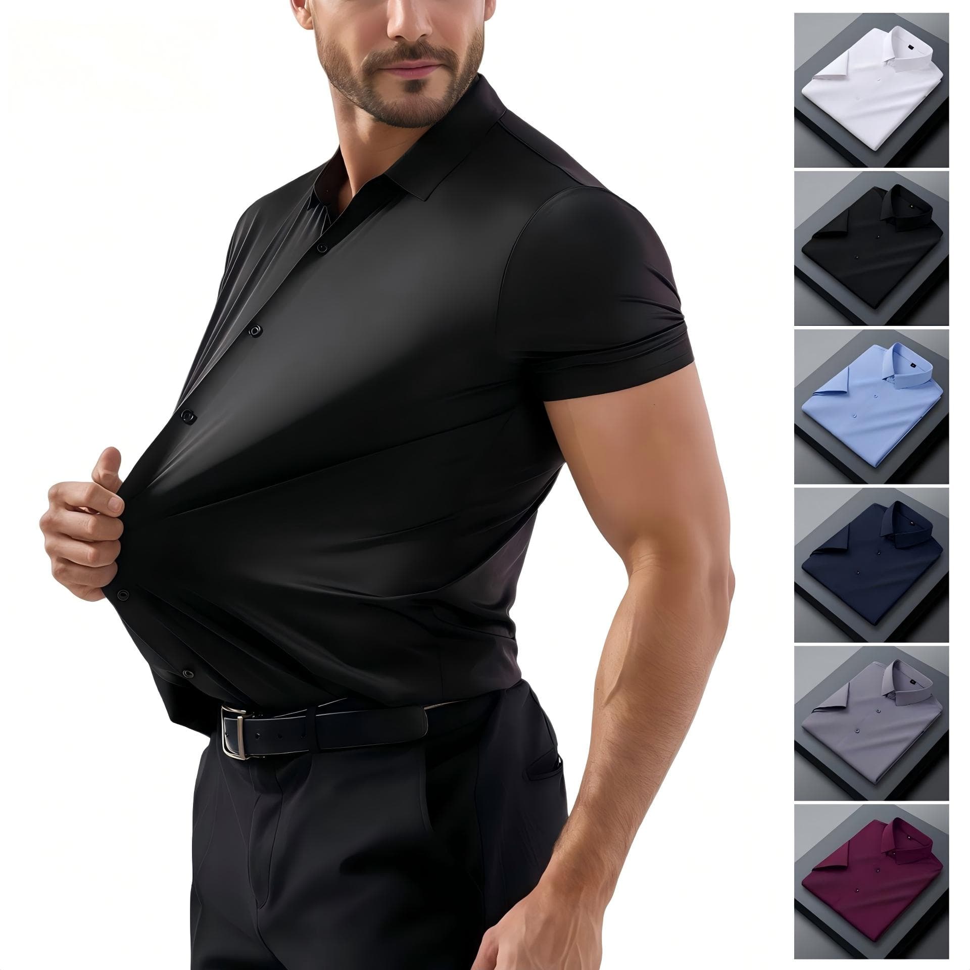 Jiachuan Cross-Border Specializes In Stretchy, Wrinkle-Free Men's Shirts, Cool-Touch Short-Sleeve Shirts, Amazon's Best-Selling Seamless High-Elastic Shirts For Men