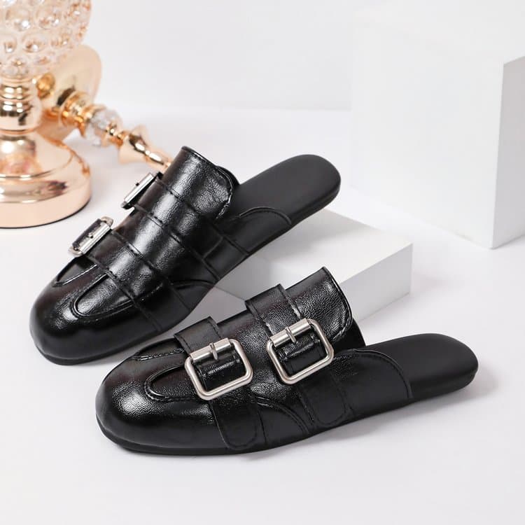 Soft Leather Version Closed Toe Mules Women Outdoor Wear, British Style Soft Leather Square Toe Belt Buckle Easy Slip On Flat Mules