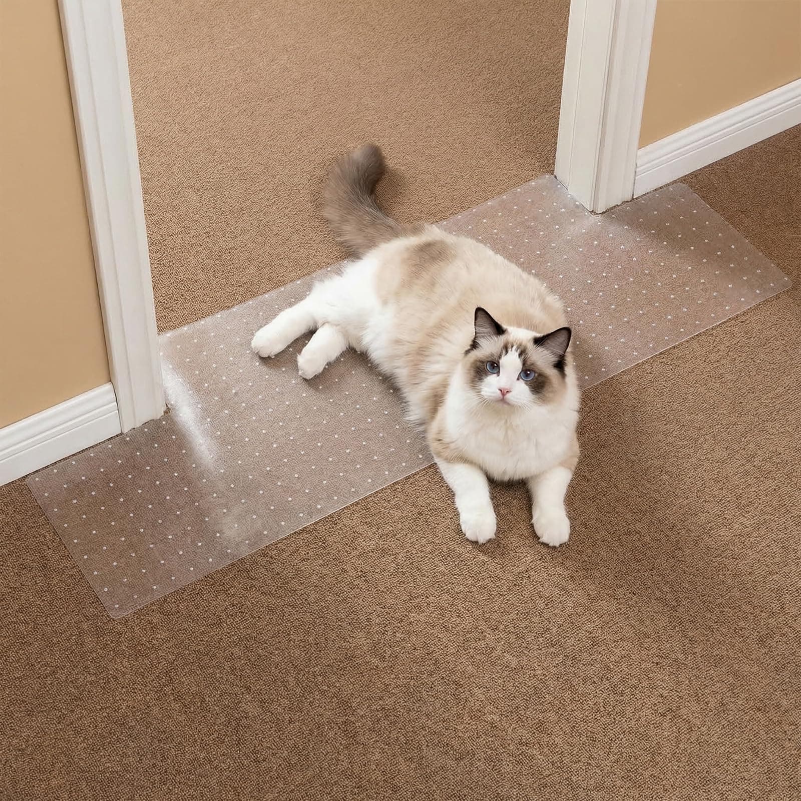 Carpet Protector, Clear PVC Doorway Mat For Cats & Dogs  Heavy-duty Anti-scratch Threshold Guard, Non-slip, Easy-trim, Recyclable PVC, Fits 27.5in-35.9in Doors, Stops Pet Claw Damage