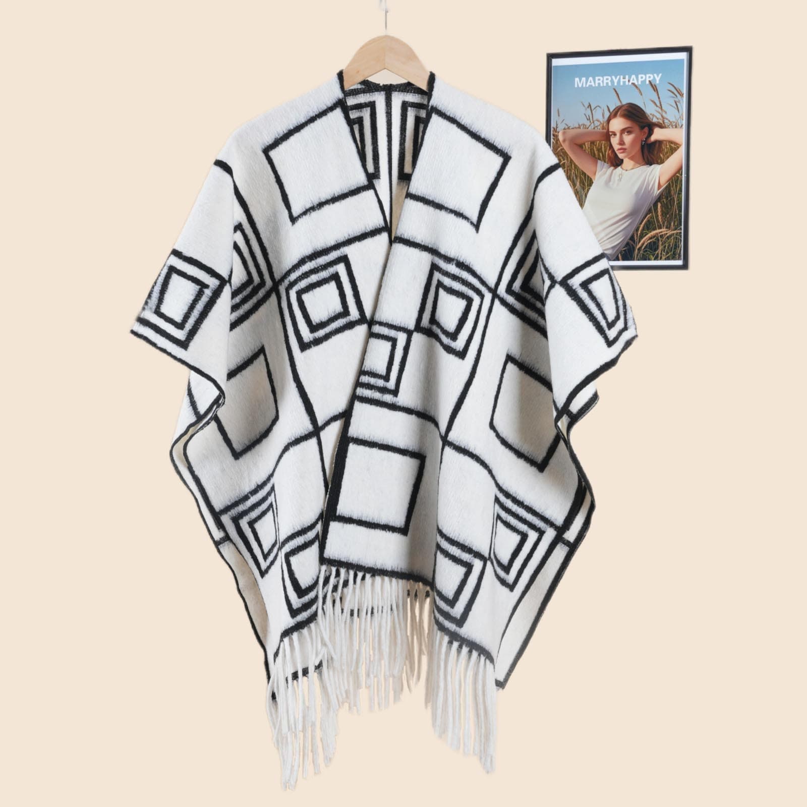 Women's High-End Minimalist Double-Sided Thick Printed Warm Shawl Scarf, Indoor Outdoor Windproof Cape For Autumn Winter