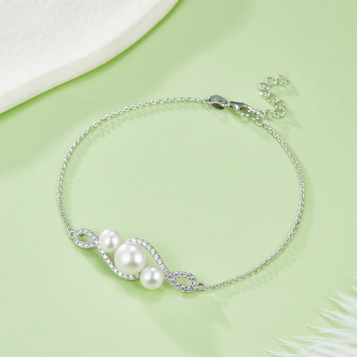 S925 Sterling Silver Natural Freshwater Pearl Bracelet For Women, Infinity Pave Design, 3g, Platinum Plated, Extender Chain, Gift Box