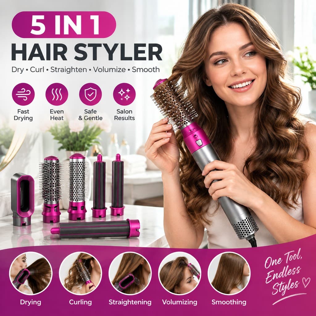 Multi Functional 5 In 1 Hair Dryer Styler Hot Curler Drying Straightening Brush