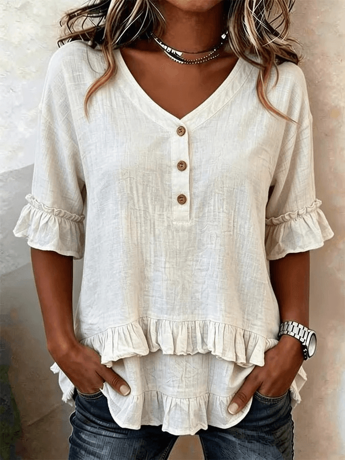 Women's Retro V-neck Ruffled Loose  Short Sleeves