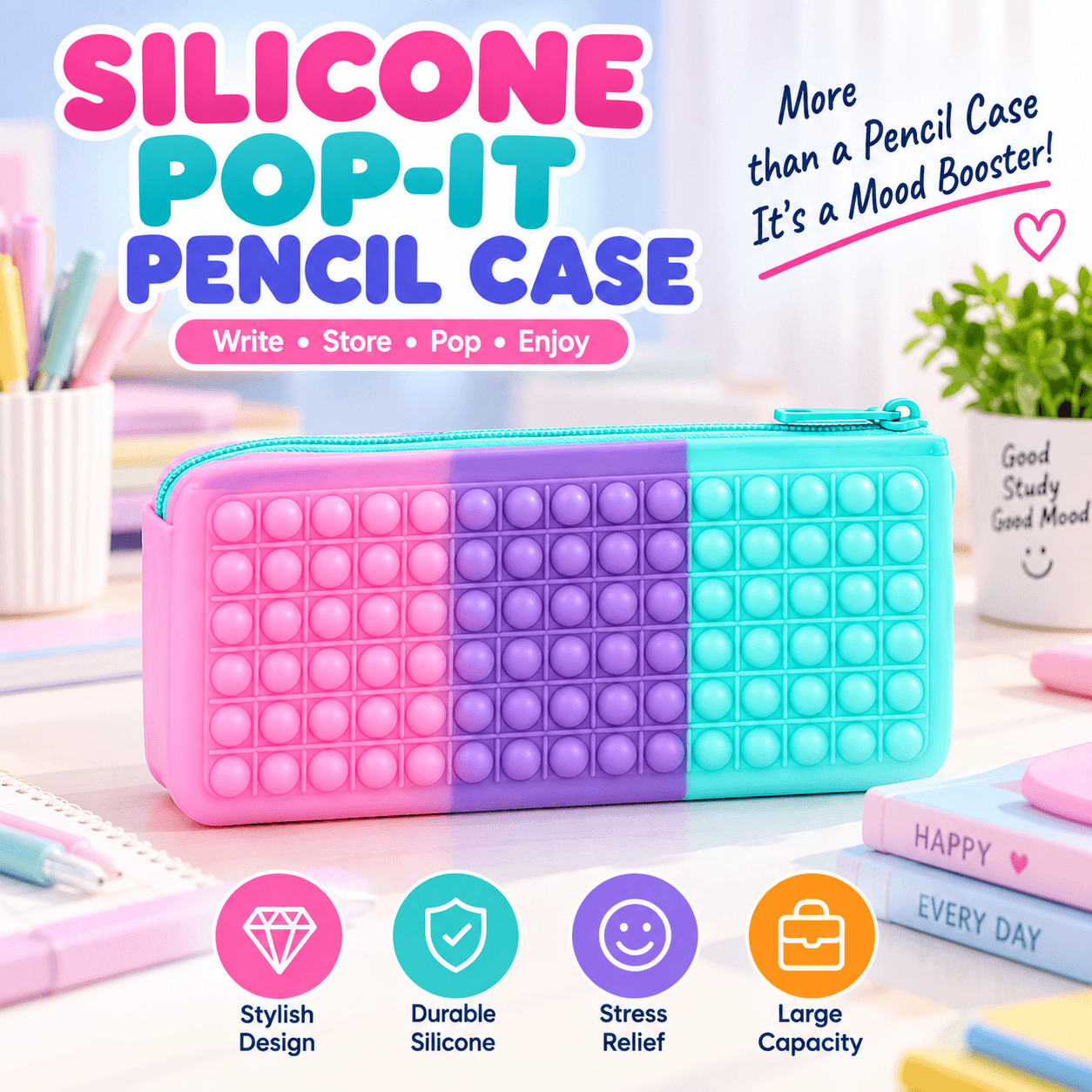 Silicone  Pencil Case Large Capacity Fidget Pencil Pouch Color Block Zipper Stationery Bag For School