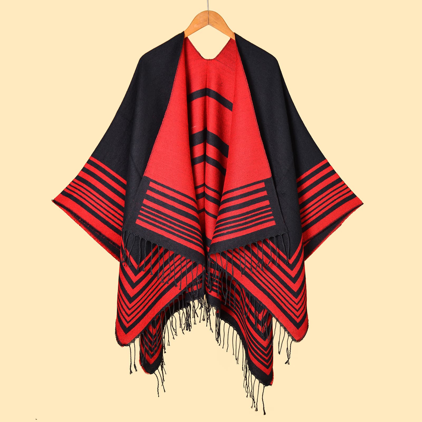 Women's Minimalist Frame Horizontal Stripe Tassel Split Warm Shawl Poncho For Autumn Winter