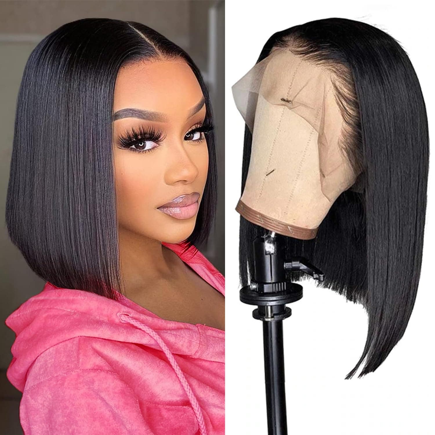 13x4x4 Straight Bob Human Hair Lace Front Wig, Natural Color,Density, 16 Inches
