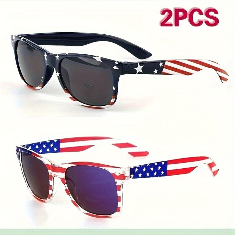 Usa Flag Pattern Sun Glasses Set Of 2 Uv400 Anti Uv Tinted Lens Eyewear Classic Square Frame Great For Independence Day Events, Vacation Shopping Trips And Casual Street Style Wearing.
