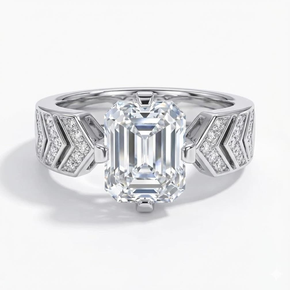 S925 Silver Platinum Plated Emerald Cut Moissanite Ring For Women, 7x9mm 3.0ct D Color VVS1, US Size 5-9, 4.9g Chevron Band Jewelry With GRA Certificate & Gift Box