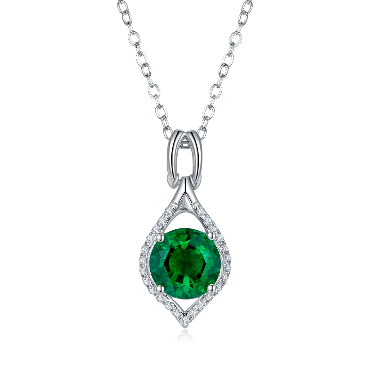S925 Silver 2.7g Platinum Plated 2.3ct Lab-Created Emerald Necklace, 8mm Halo Pendant, 40&5cm