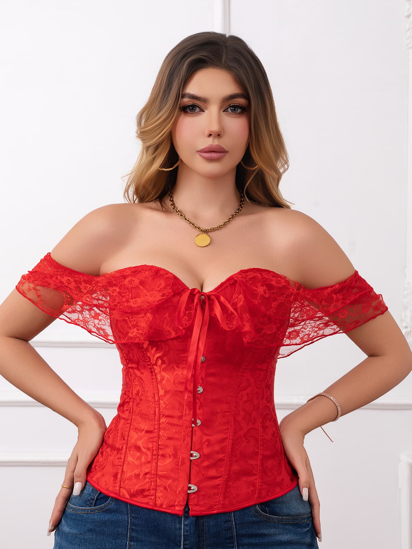 Court-style Lace Sexy Corset Dress With Boned Bodice, Slim Fit, Off-shoulder, Waist-cinching And Chest-support Shaping Garment For Women-red