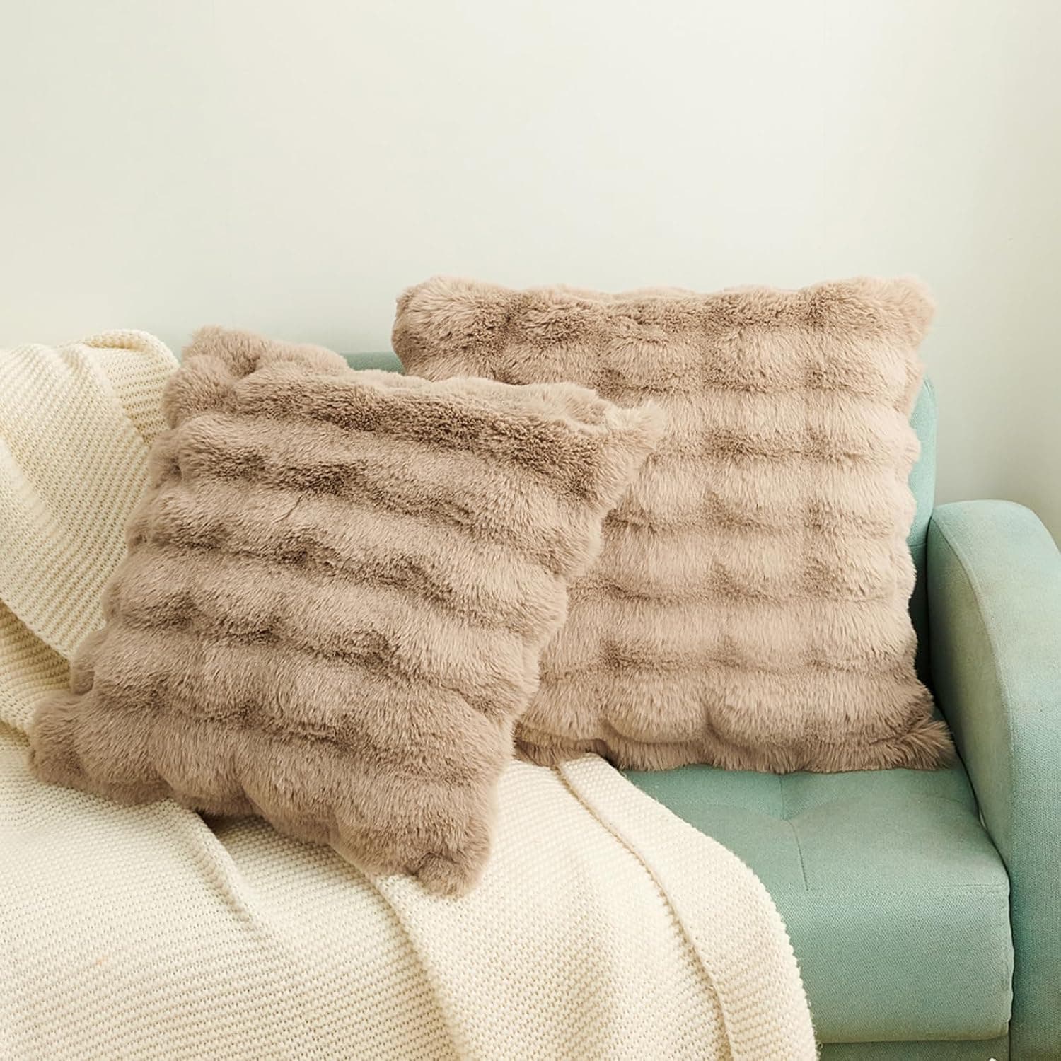 Faux Rabbit Fur Pillow Covers 2 Pack, 18x18 Inch Soft Fluffy Decorative Cushion Cases For Bedroom, Sofa, Recliner And RV, Taupe