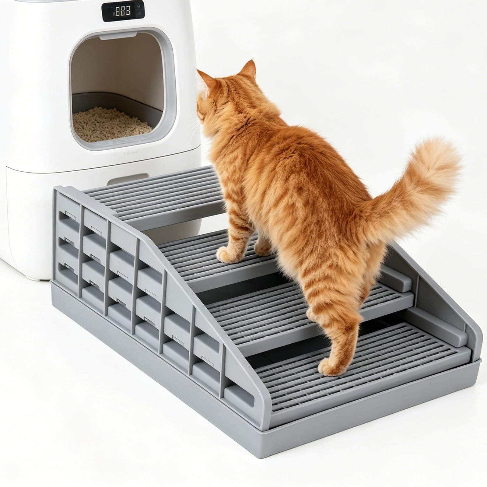 Adjustable Litter Box Ramp, Elevated Cat Ramp Stairs With Filter Function, Litter Box Step For Small & Elderly Cats, Fits Automatic Litter Boxes