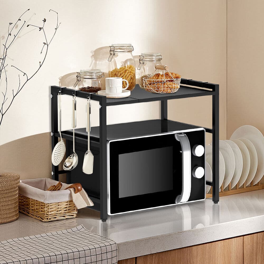 Black Single-layer Double Bar With 6 Hooks And Extendable Kitchen Storage Rack