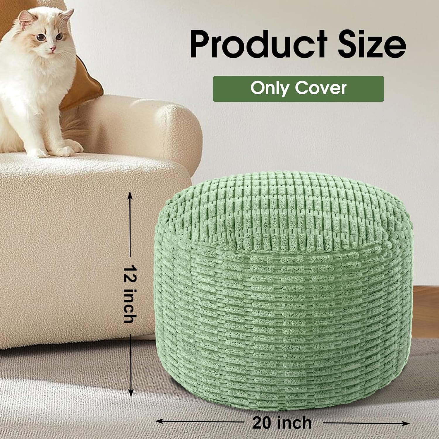 Unstuffed Ottoman Pouf Cover, Round Faux Fur Footstool With Storage, Fuzzy Floor Bean Bag Cover, Sage Green Striped Tufted