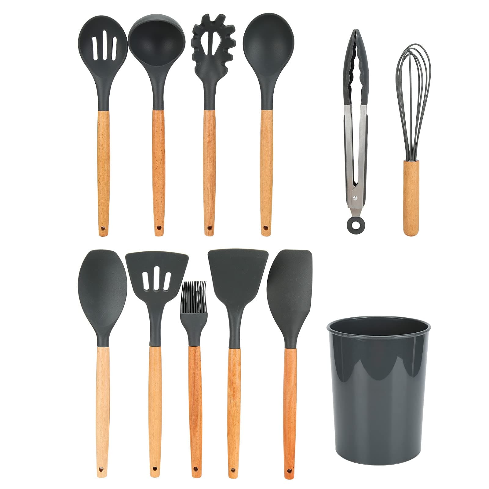 12 Piece Silicone Kitchen Utensil Set Heat Resistant 250C With Wooden Handles And Storage Holder