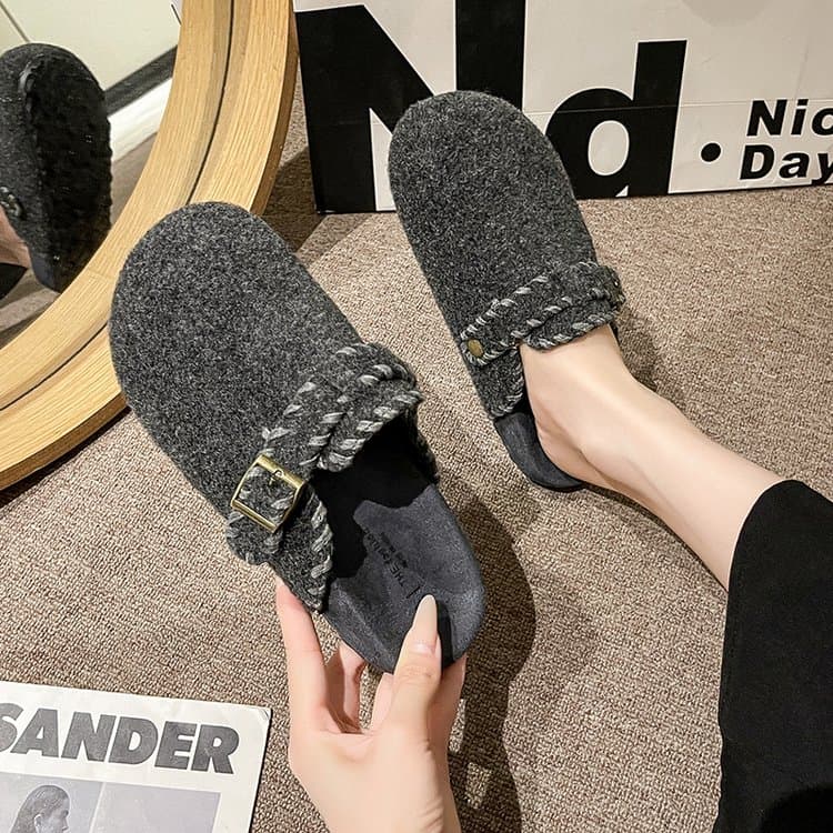 Women Thick Base Wool Birken Half Pack Slippers Buckle Strap Felt Suede Warm Furry Cotton Shoes