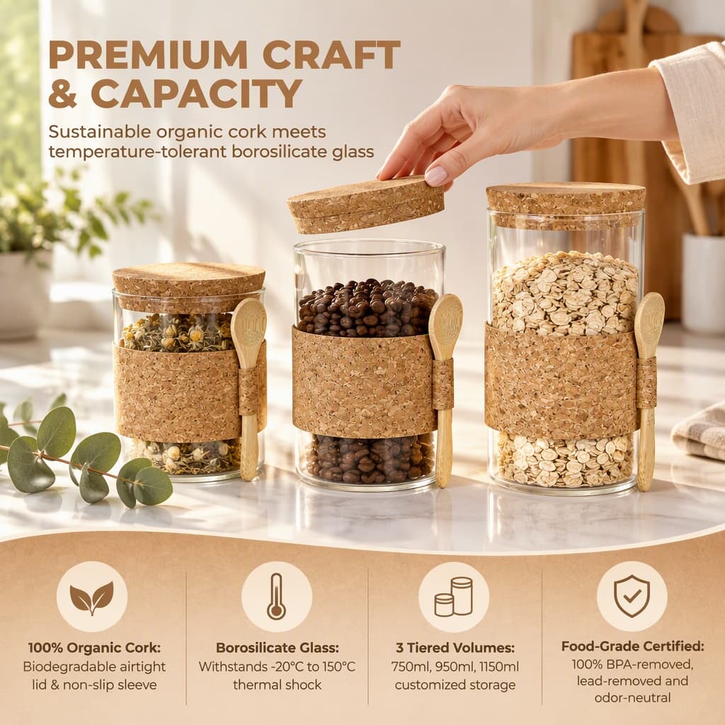 Glass Jar With Cork Lid And Spoon, Airtight Borosilicate Pantry Canister With Insulated Sleeve