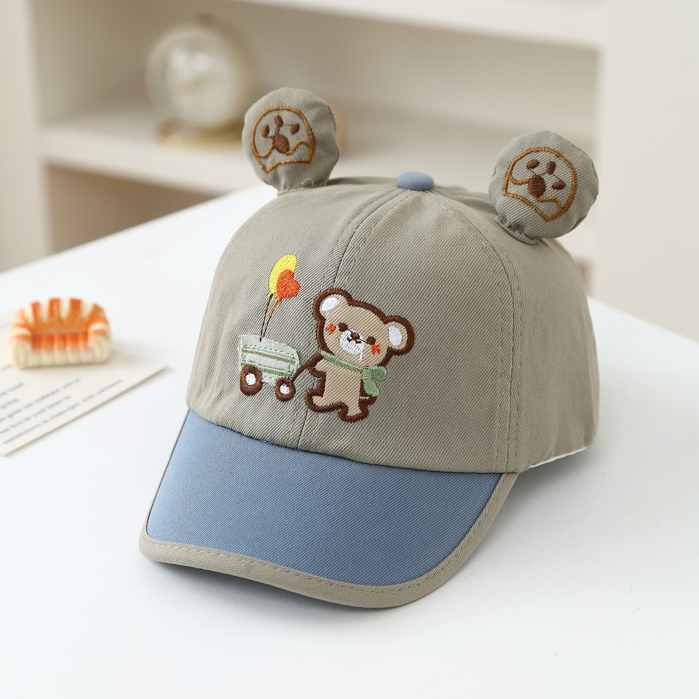 Summer Cute Embroidered Pushcart Bear Cartoon Three-dimensional Ears Boys' And Girls' Fashionable Style Baseball Cap Outdoor Sun Protection