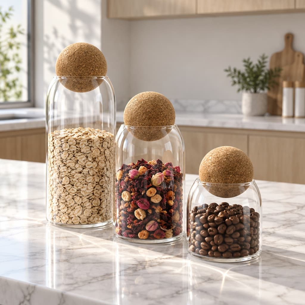 Glass Storage Jars Set Of 3 With Ball Cork Lids, Borosilicate Pantry Canisters For Coffee