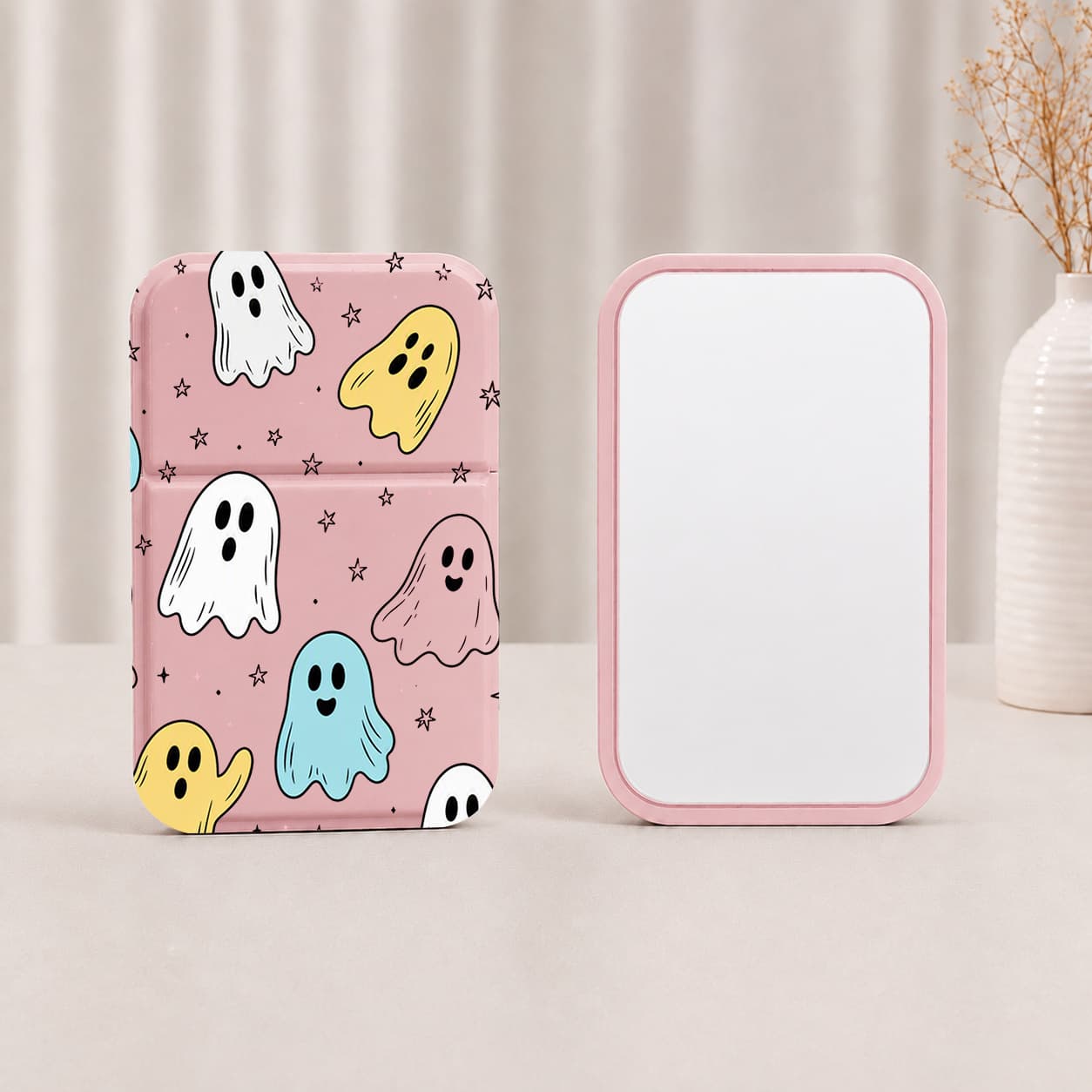 Halloween Limited PU Mini Compact Mirror, Folding Portable Pocket Makeup Mirror, HD Cosmetic Mirror For Travel, Halloween Gift