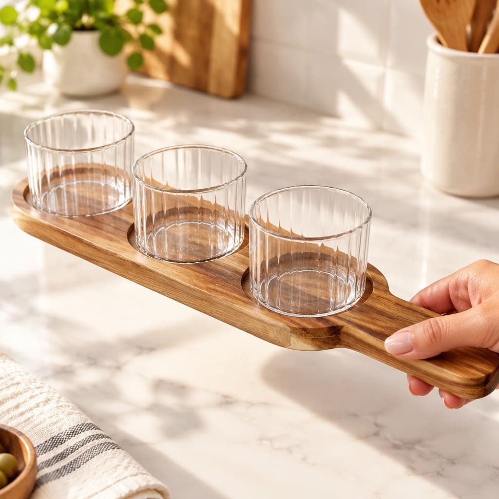 Ribbed Glass Bowls Set Of 3 With Acacia Wood Tray, 250ml Serving Dishes For Dips Snacks Dessert