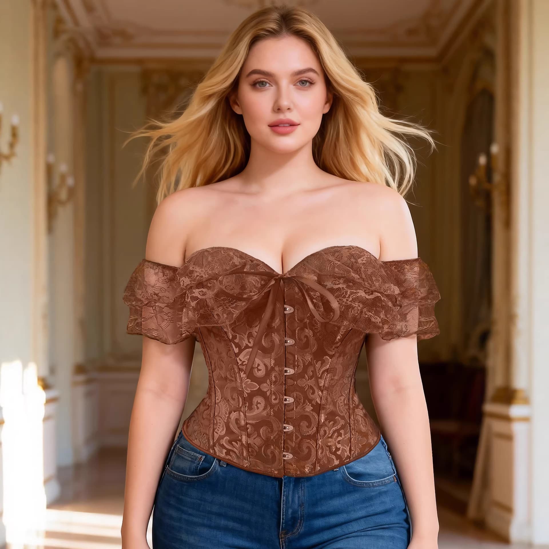 Court-style Lace Sexy Corset Dress With Boned Bodice, Slim Fit, Off-shoulder, Waist-cinching And Chest-support Shaping Garment For Women-coffee