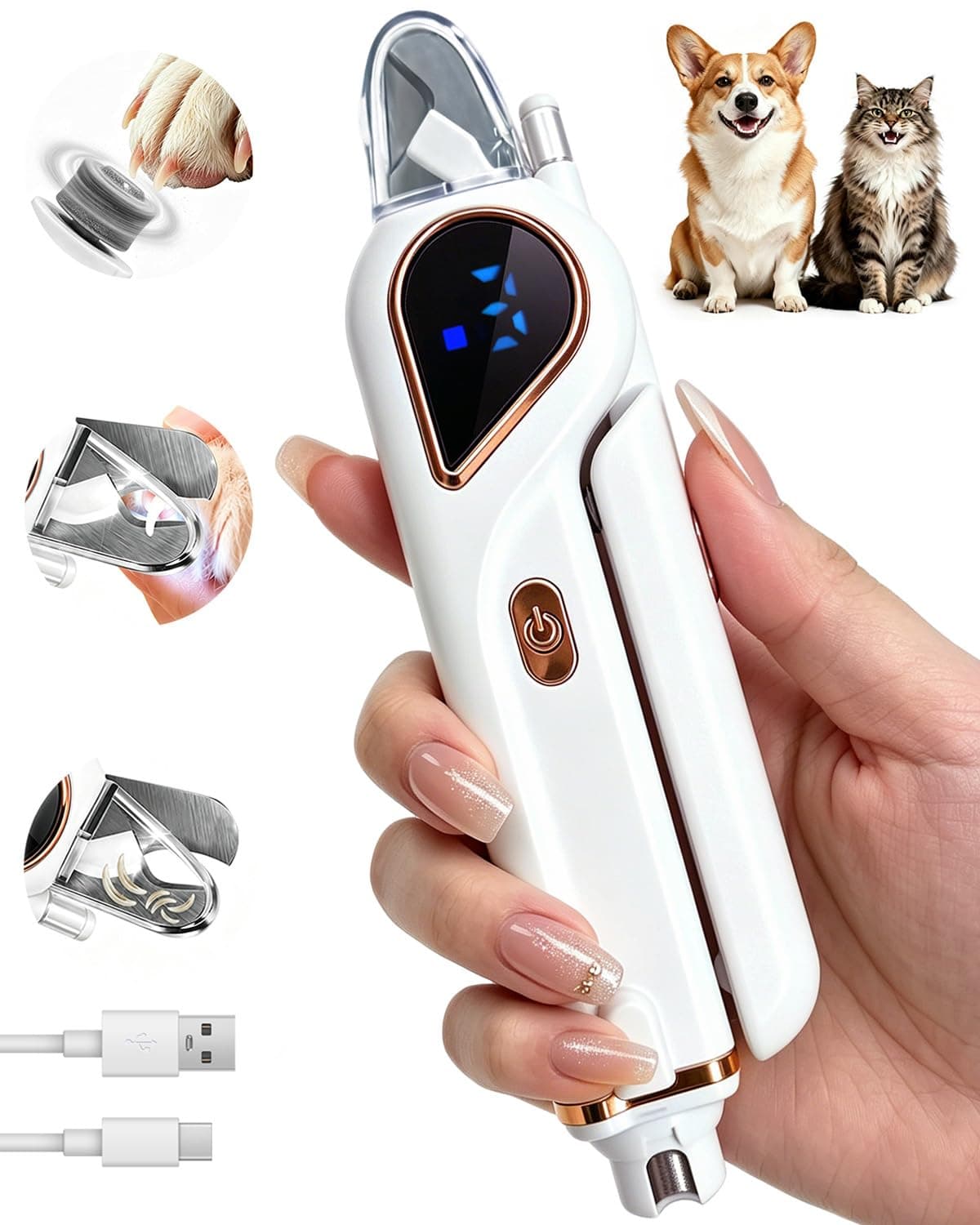 2-in-1 Dog Nail Clippers & Cat Grinder With Dual LED Lights 3 Speeds Grinder, Quick Sensor, Safety Guard, Safety Lock, Type-C, Low Decibel Grinder For Small Medium Large Dogs & Cats