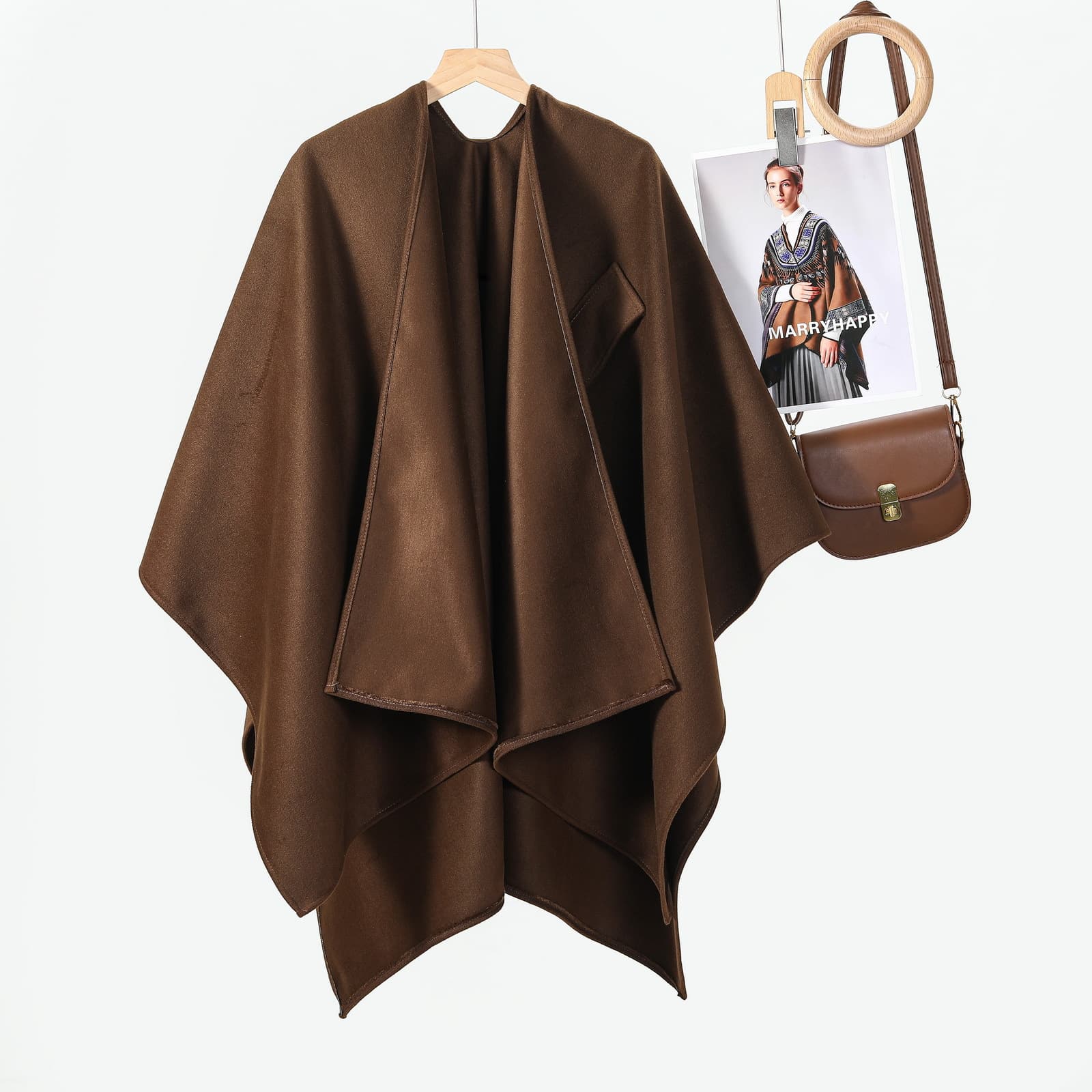 Women's Fashion Minimalist Solid Color Diagonal Tie-Strap Poncho Cape, Thick Outerwear