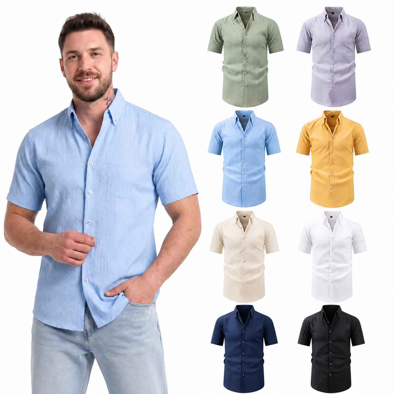 Jiachuan Cross-Border Summer Short-Sleeved Men's Shirt With Wave Texture, Beach Vacation Fashion Shirt, Men's Lapel T-Shirt