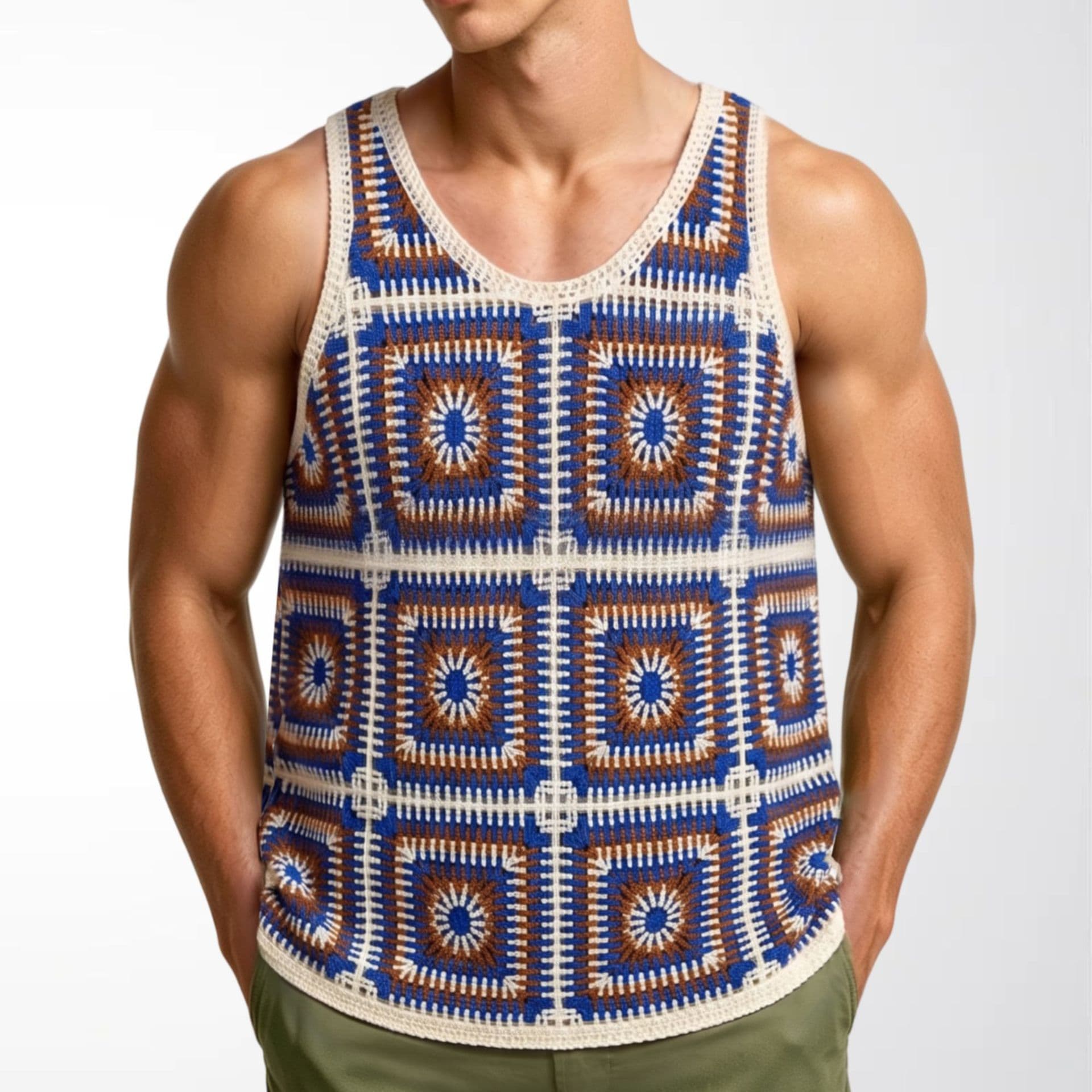 Men's Bohemian Color-block Crochet Vest, Vintage Check Sleeveless Knit Waistcoat, Cross-border Men's Apparel