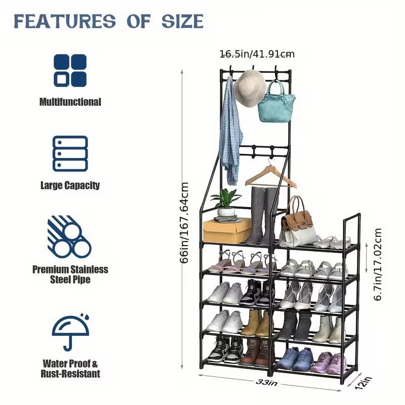 Sturdy Double-Row Coat Shoe Rack All-in-One Combo, Free-Standing Multifunctional Entryway Organizer For Bedroom, Living Room, Foyer And Mudroom
