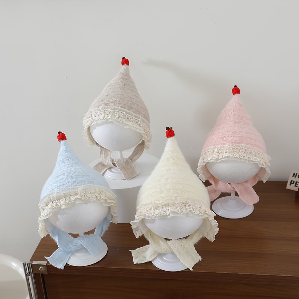 Sweet Style Baby Plush Pointed Hat With Baby Lace Trim And Drawstring Ear Protectors, Outdoor Warm Knitted Hat