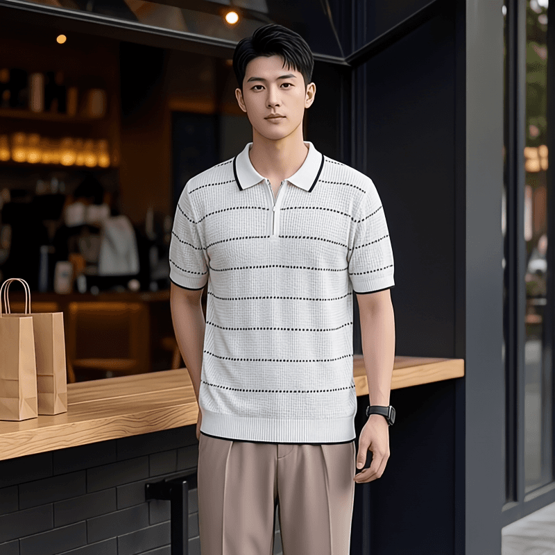 Old Money Style Men's Striped Ice Silk Knit Polo Shirt, Summer Lapel Breathable Polo Top, Casual Men's Apparel