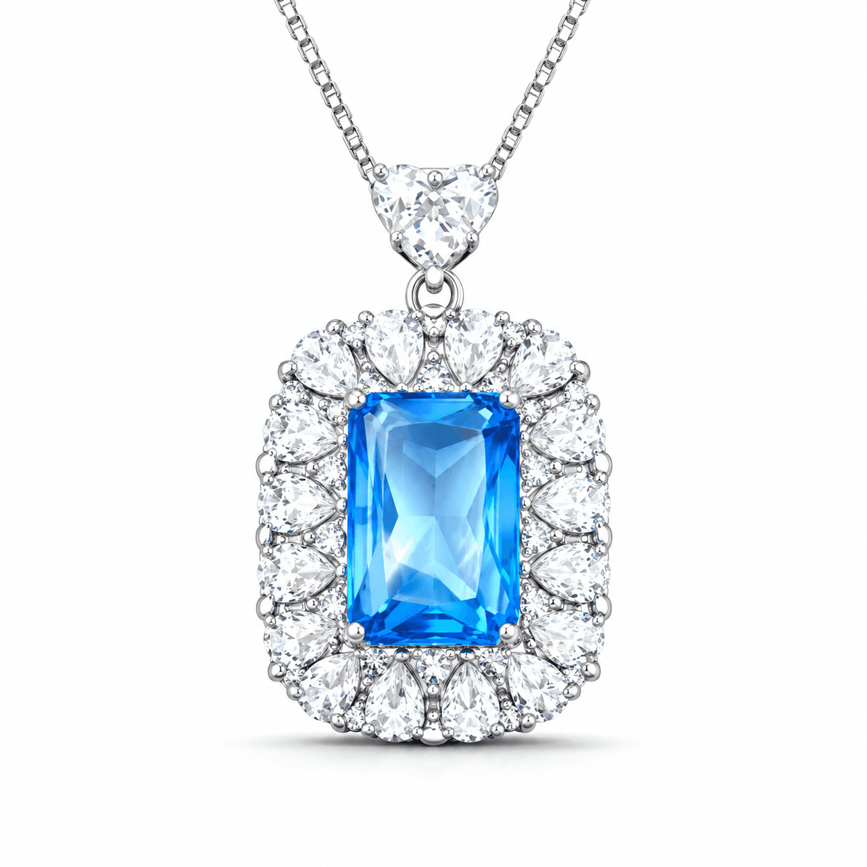 Cushion Cut Blue Cubic Zirconia Halo Pendant Necklace For Women, Copper Plated Silver Heart Bail White Pear Shape CZ Halo Statement Wedding Jewelry Gift