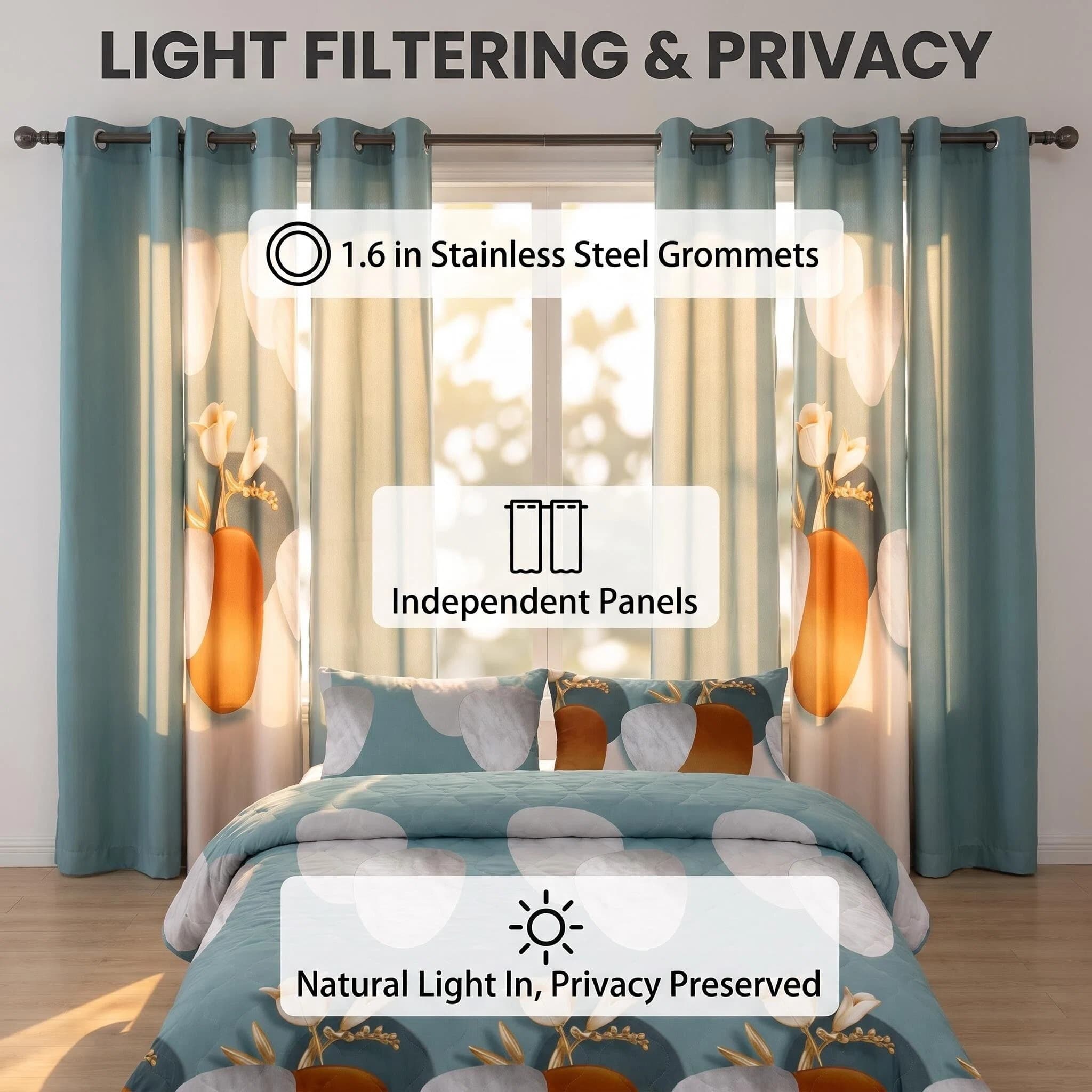 9-Piece Green Dot Quilted Bedspread And Curtain Set, Microfiber Bed Cover With 2 Pillow Shams And 6 Window Curtain Panels, Twin XL, Queen, King And California King