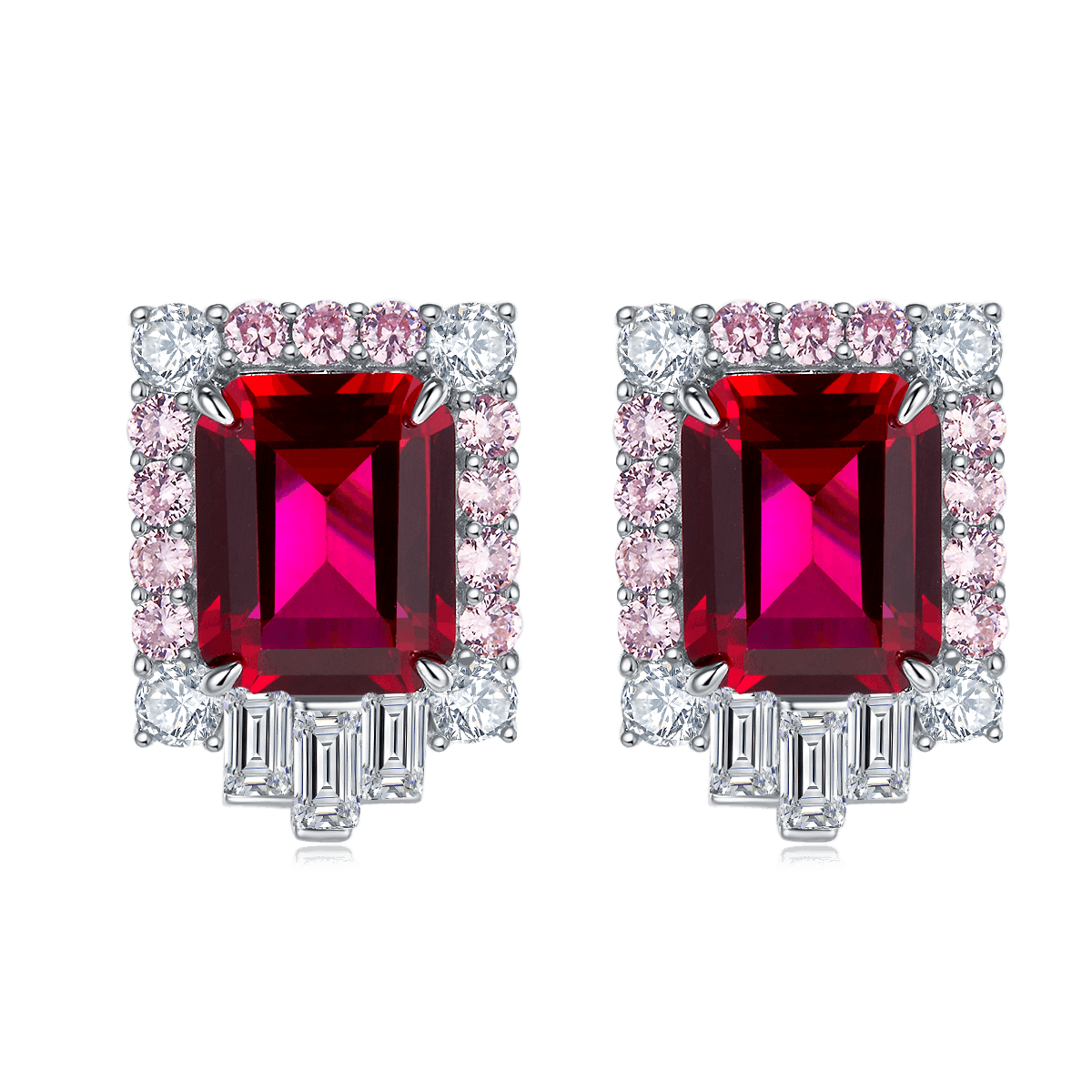 S925 Silver 6.5g 8ct Lab-Created Ruby Earrings, 10x8mm Emerald Cut, Pair