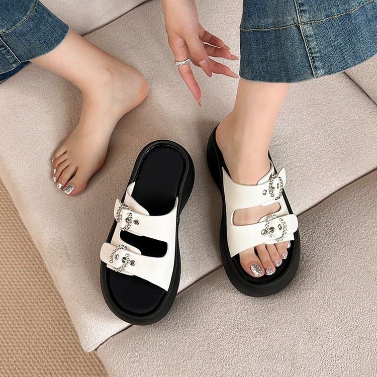 New Women's Thick Sole Rhinestone Slide Sandals, Height Increasing Soft Cloud Cushion Outdoor Casual Beach Slippers For Petite Ladies Summer Wear